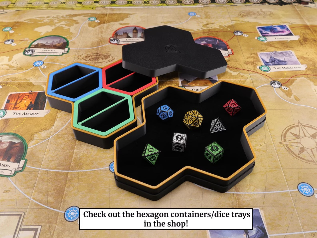 7x Hexagon Magnetic Board Game Token Trays with Velvet Lining